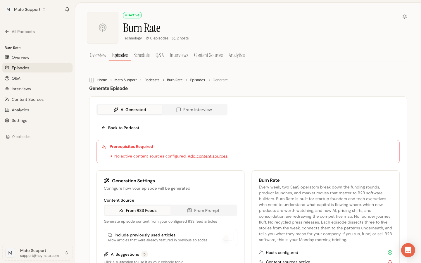 Generate form showing the From RSS Feeds tab with a prerequisites warning