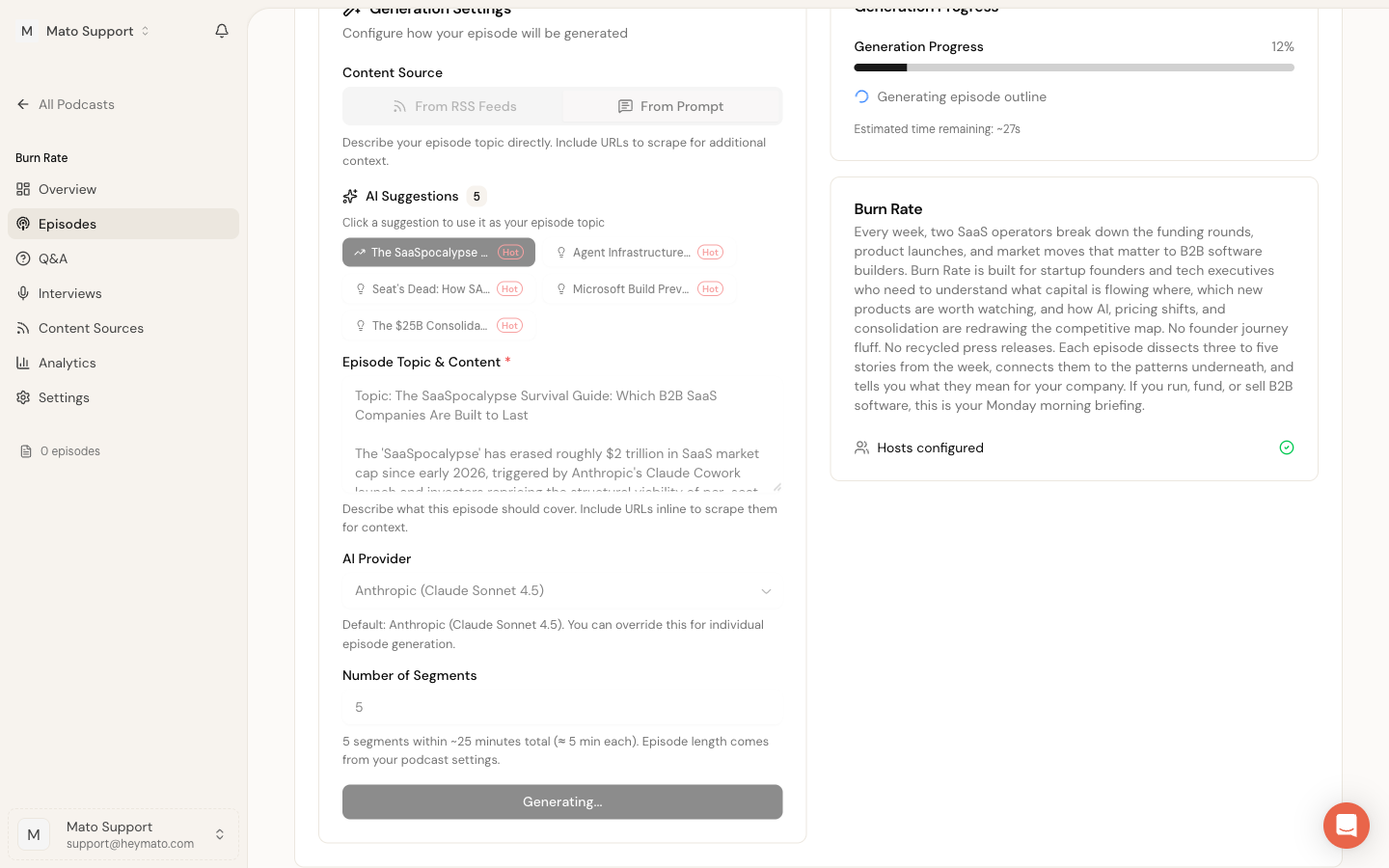 Generation in progress at 12% showing the current step and estimated time remaining