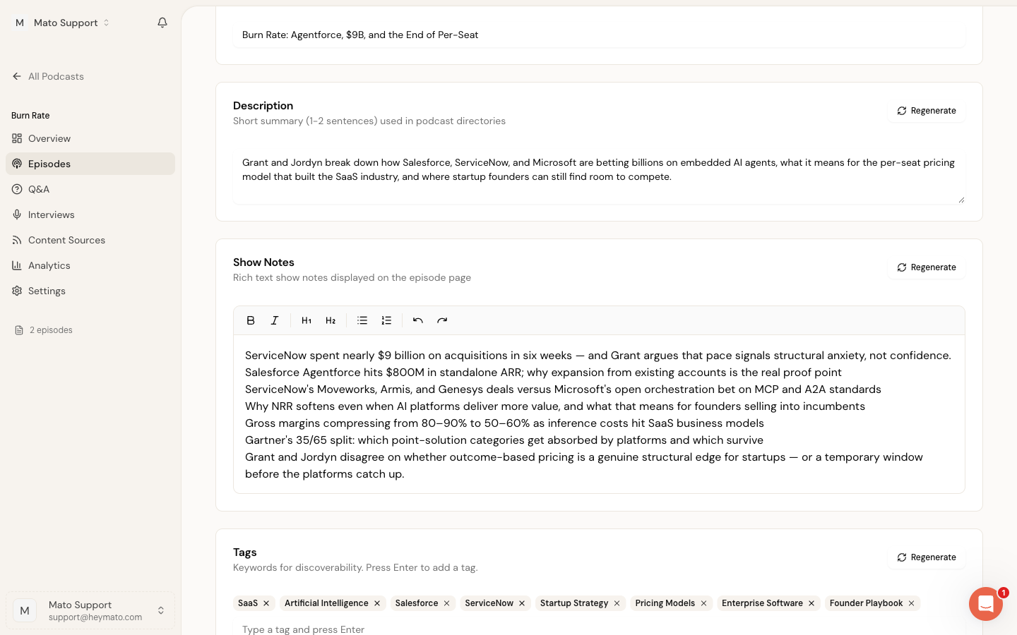 Description card with Regenerate button, Show Notes rich text editor with toolbar, and Tags with keyword badges