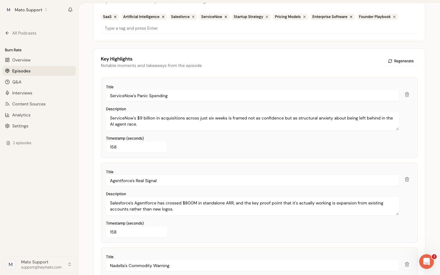 Key Highlights cards with Title, Description, and Timestamp fields, each with a delete icon