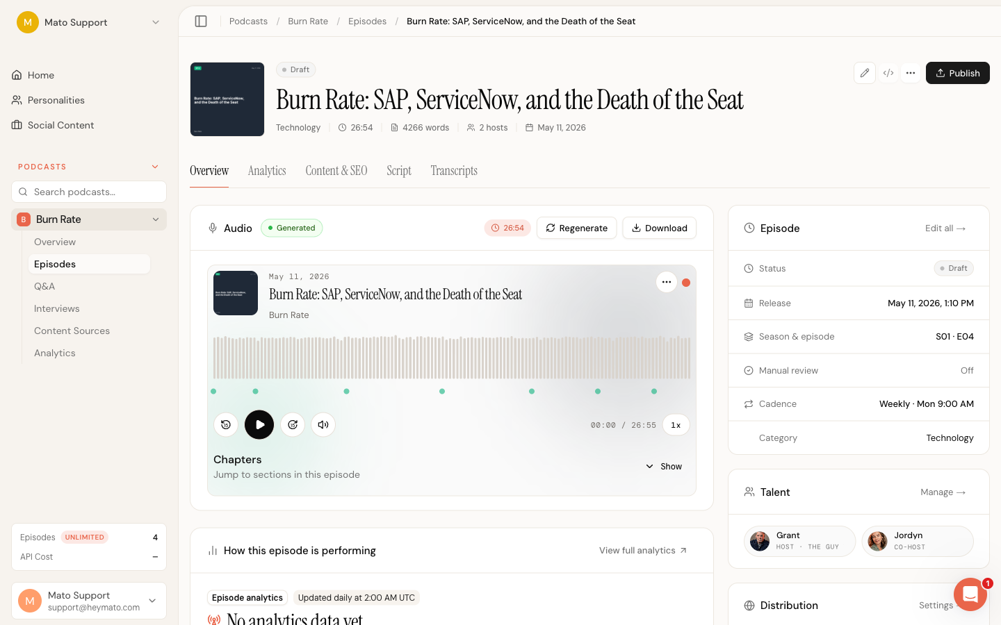 Episode overview page showing the header with Publish Episode button, Published badge, and the five content tabs