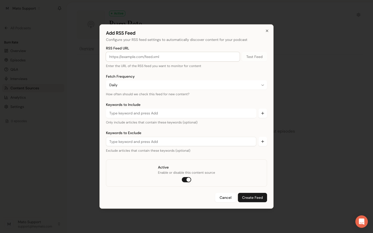 Add RSS Feed dialog with URL field, fetch frequency, keyword filters, and active toggle