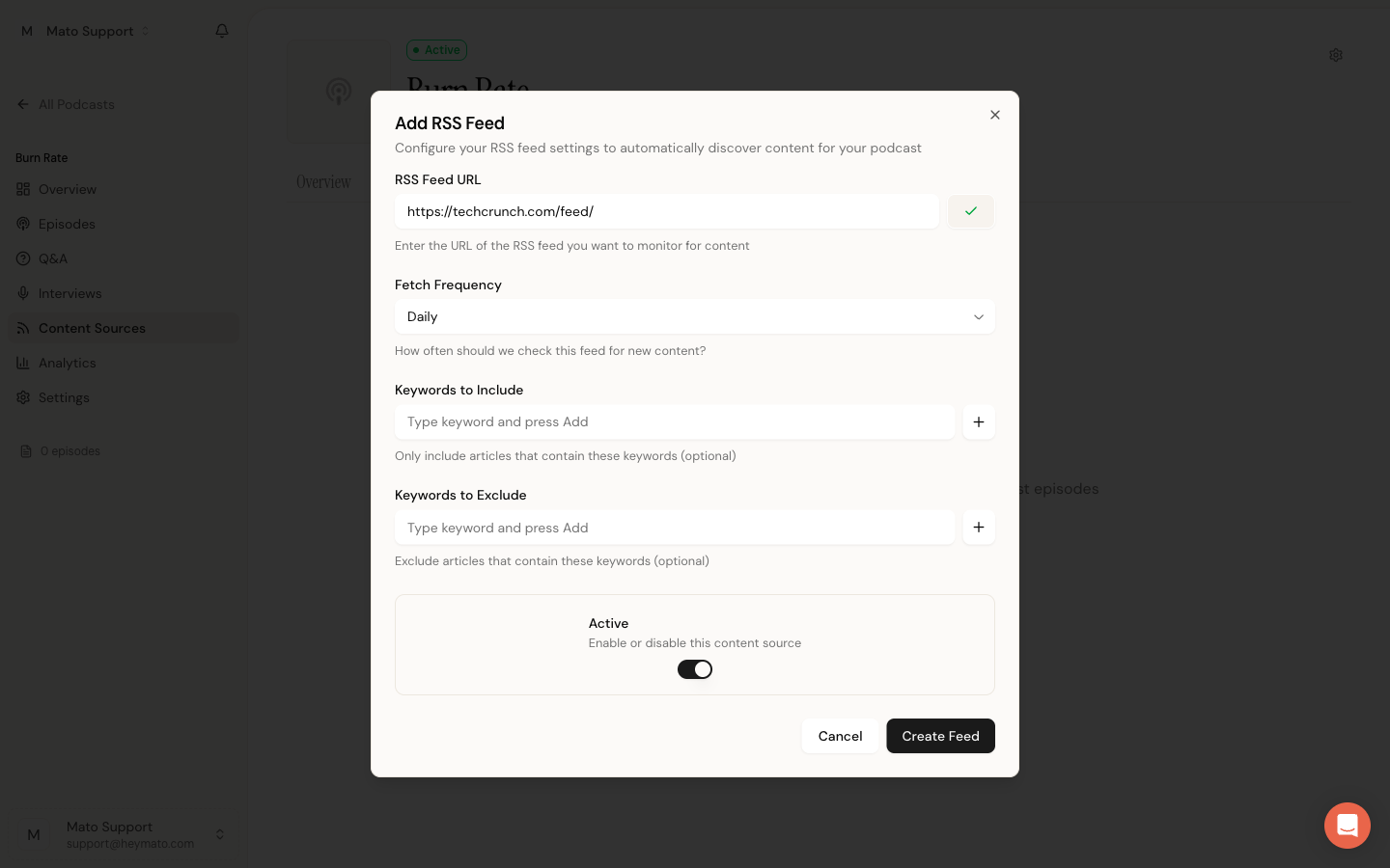 Feed validated with a green checkmark next to the URL