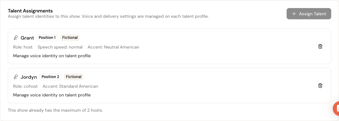 Two hosts assigned to a podcast with role and accent details