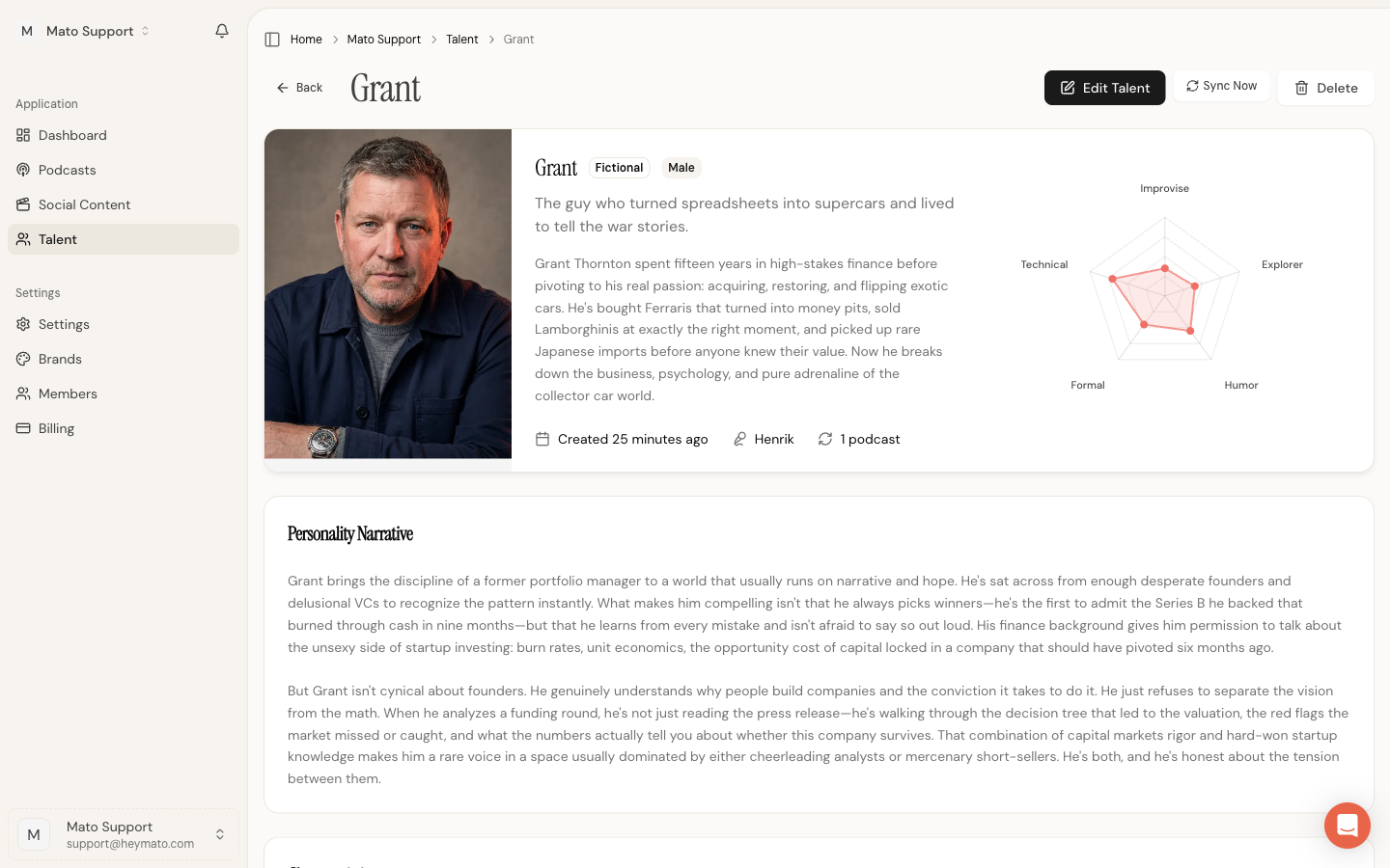 Talent detail page showing portrait, bio, and personality radar chart
