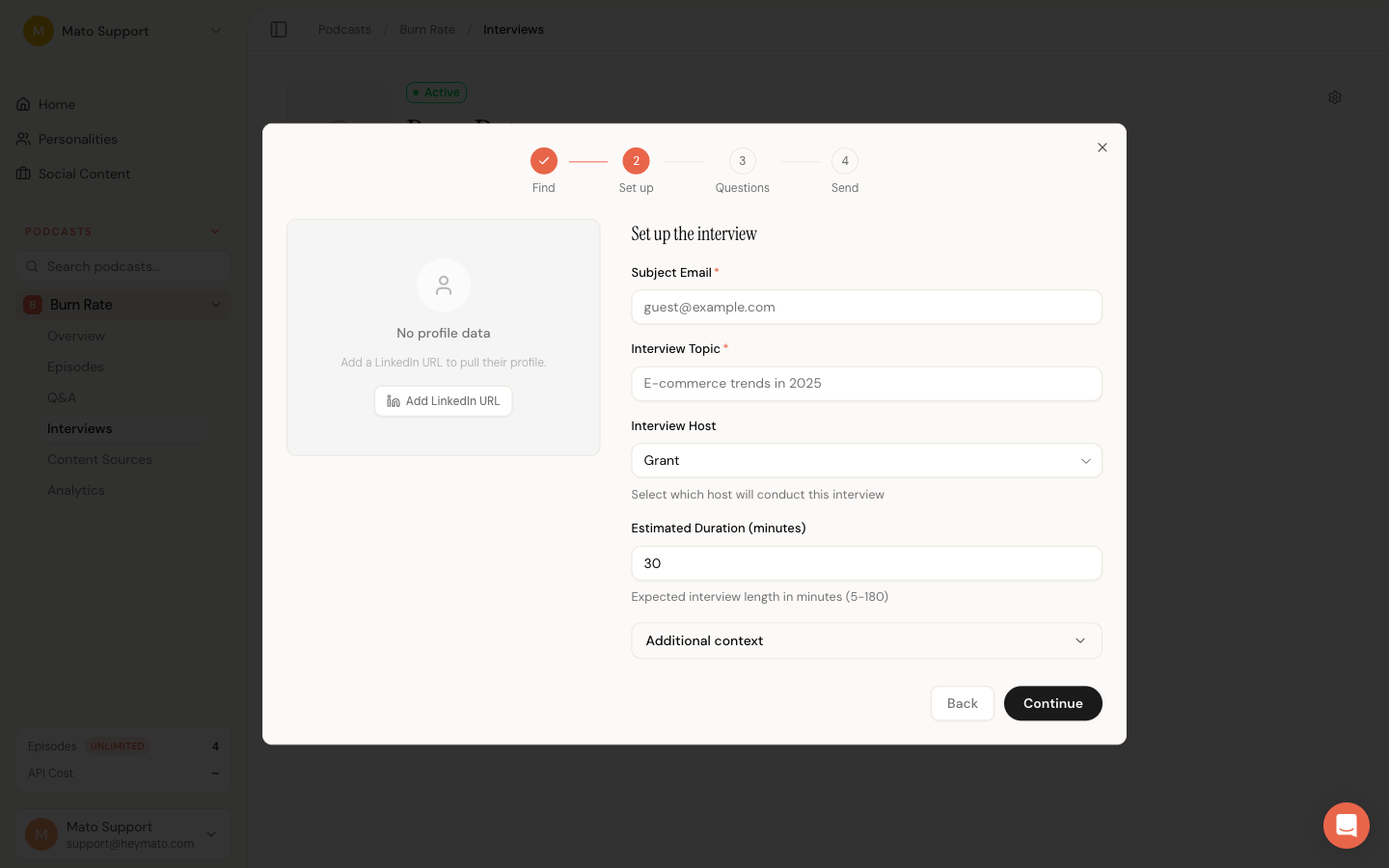 Set up the interview step with profile card and form