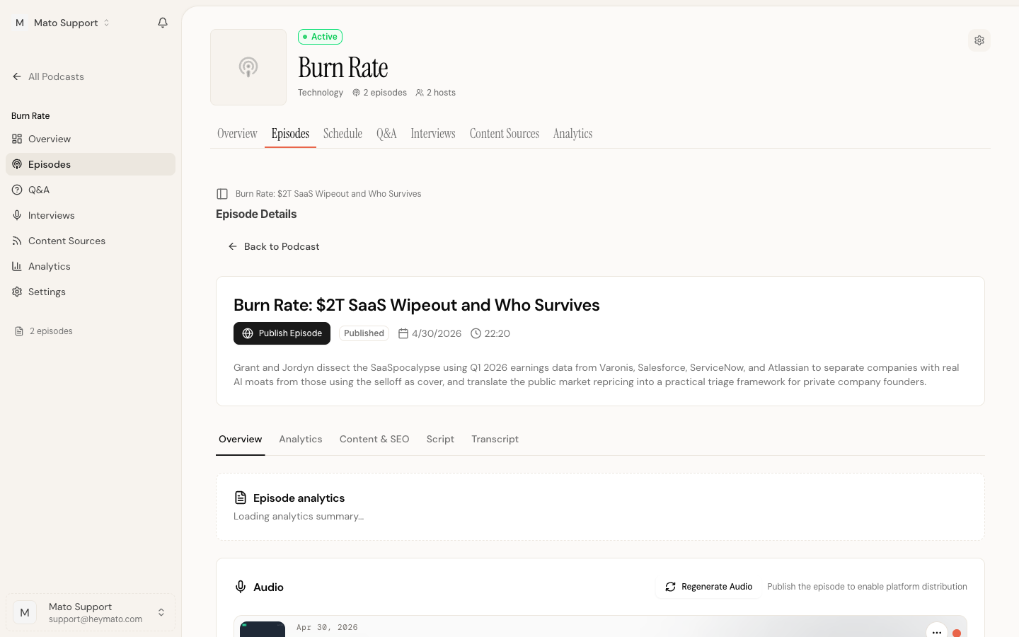 Podcast sidebar showing the Settings link and gear icon