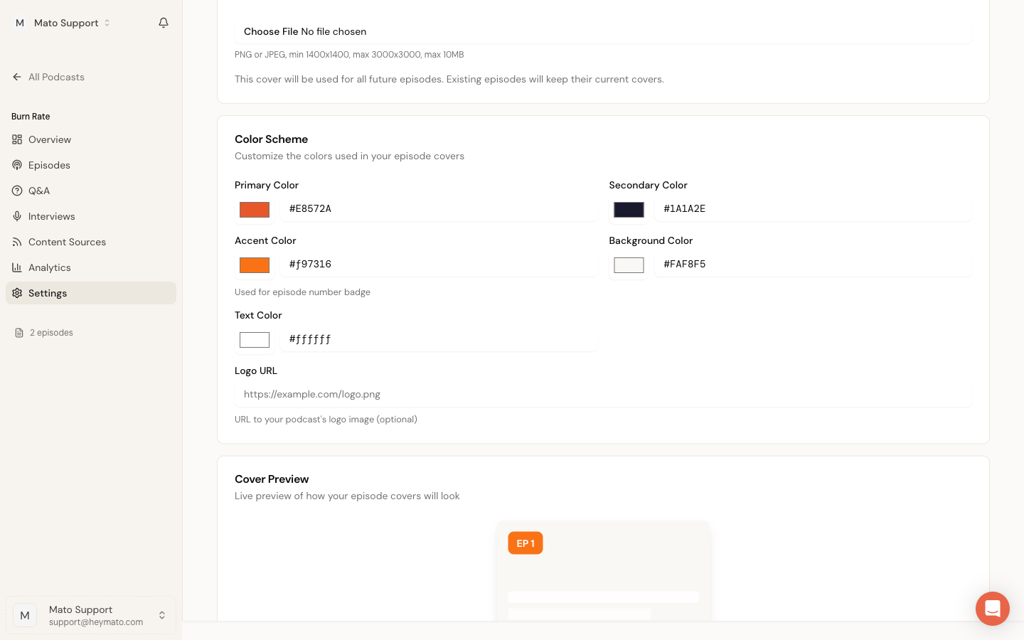 Color Scheme card with Primary, Secondary, Accent, Background, and Text color pickers plus Cover Preview