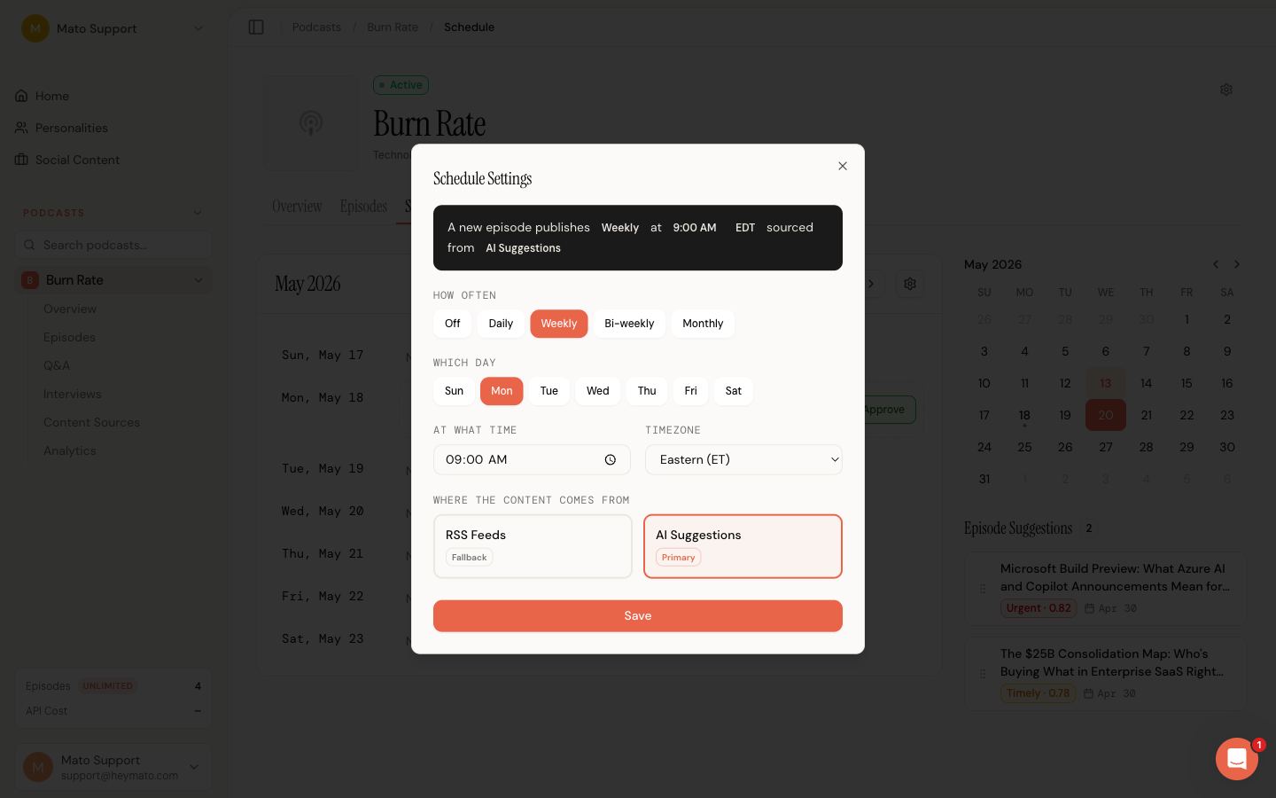 Schedule settings modal