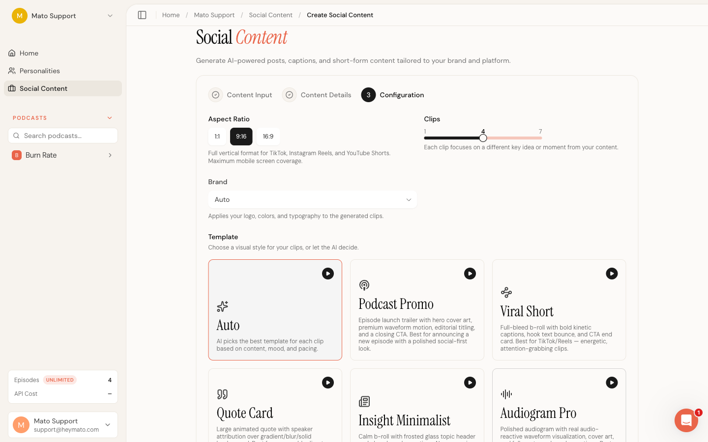 Template selection grid in the clip creation wizard