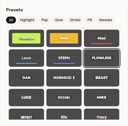 Caption style preset grid with filter tabs