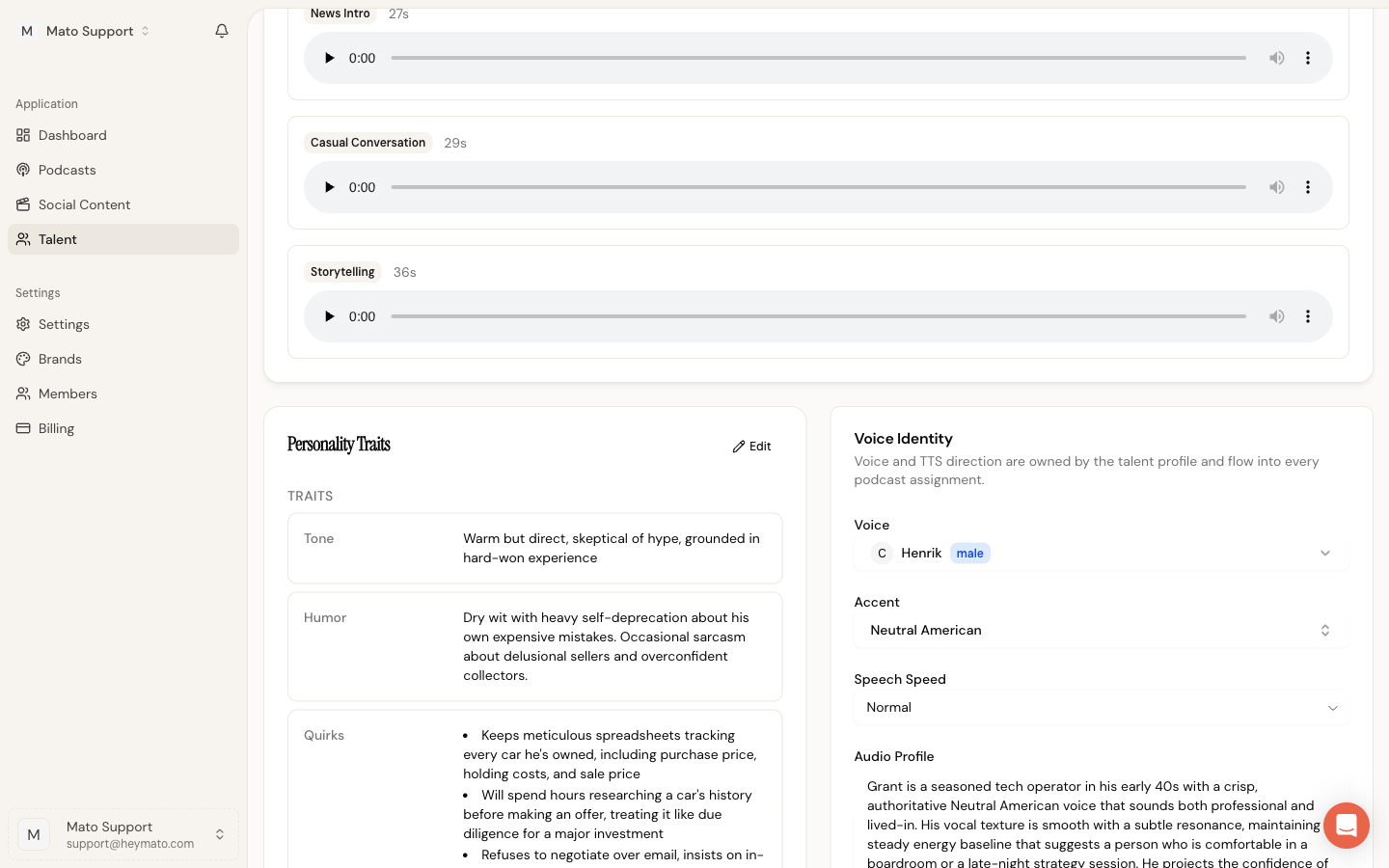 Voice Identity card on a talent profile