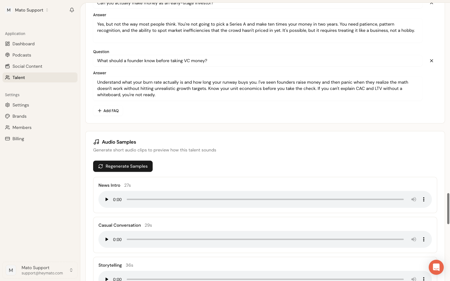 Audio samples section on the talent edit page