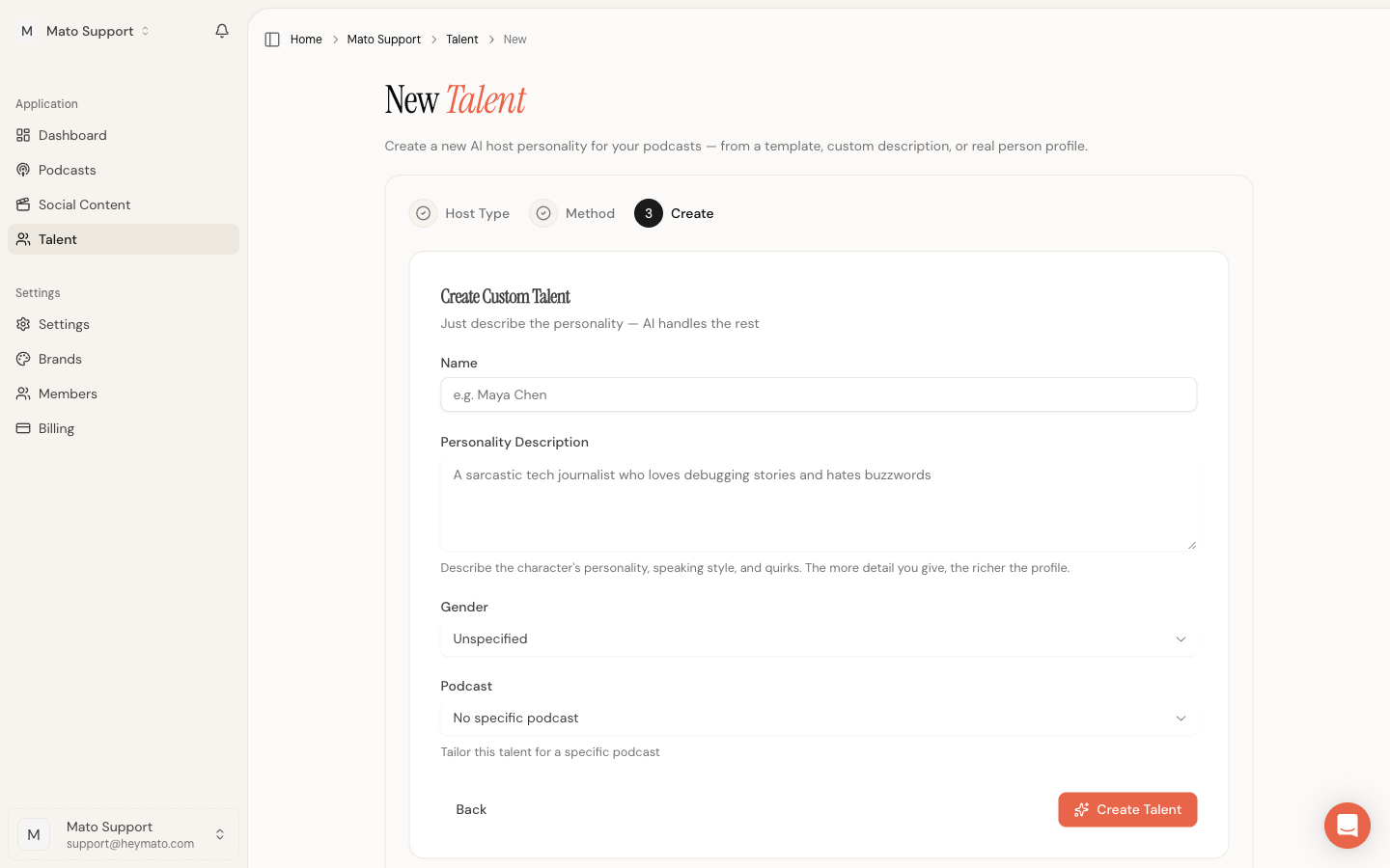 Custom host creation form