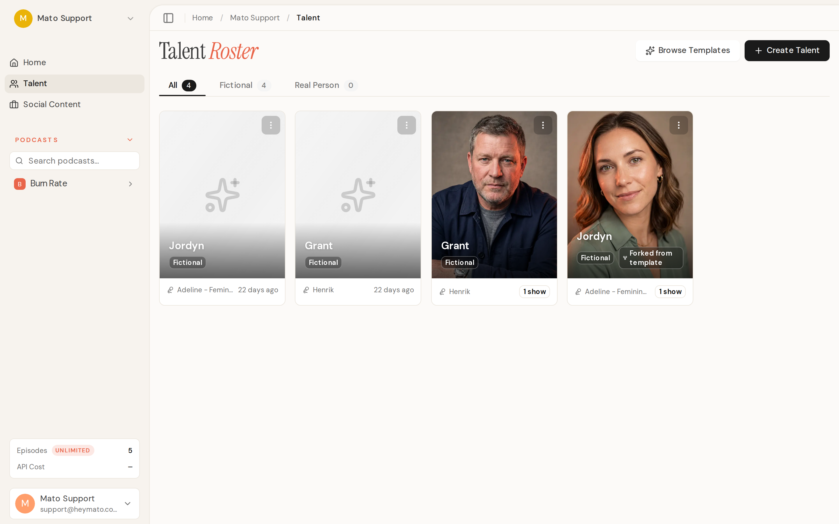 Talent and host management page