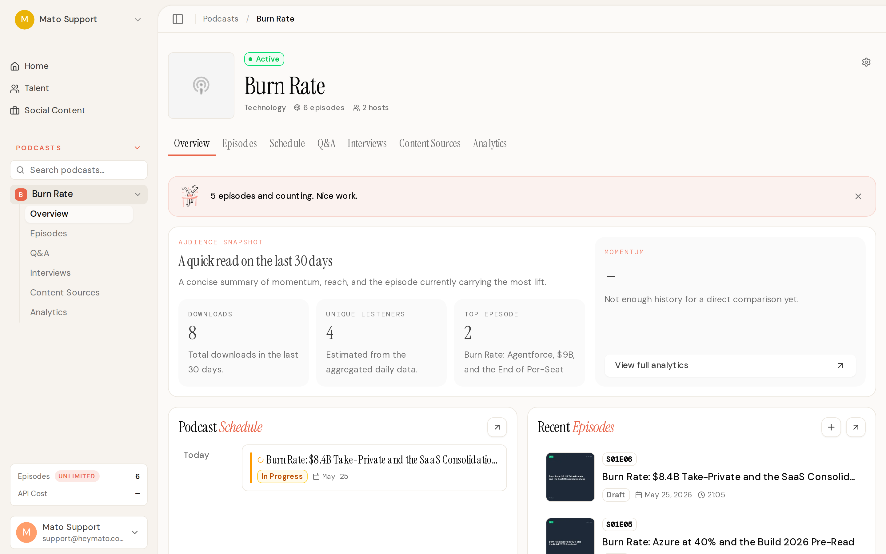 The podcast overview page showing episode rows and the generate entry point