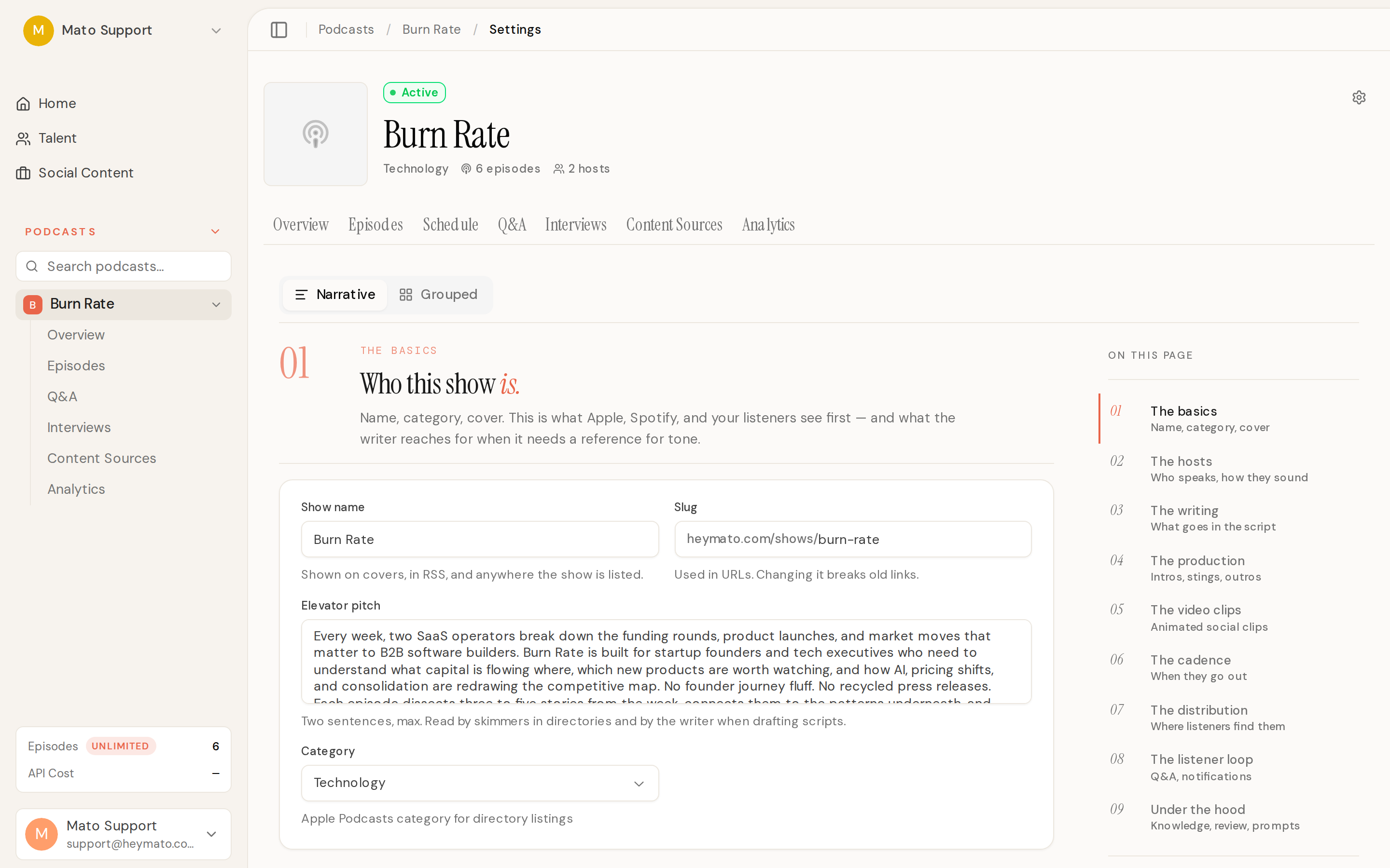Podcast settings page showing the interview invite form with theme suggestions