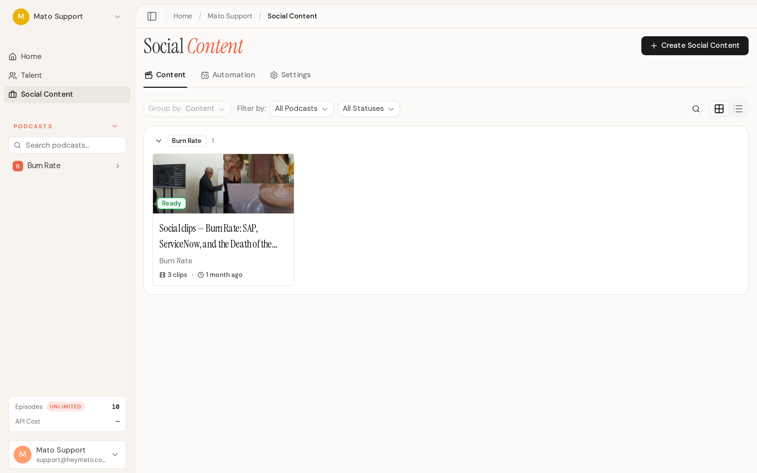 The social content overview showing batch cards with thumbnail previews and status badges